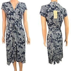 Monsoon Navy Blue White Floral Button Down Midi Dress with Pockets Size 4‎ NEW